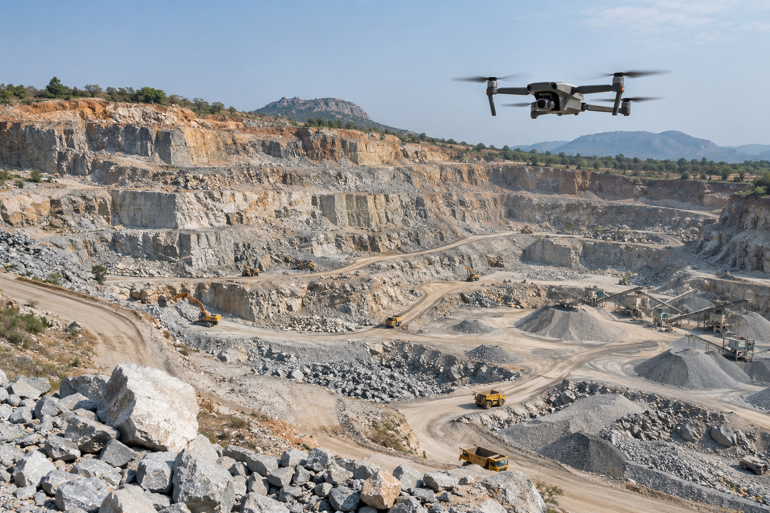 Survey drone over an open pit quarry